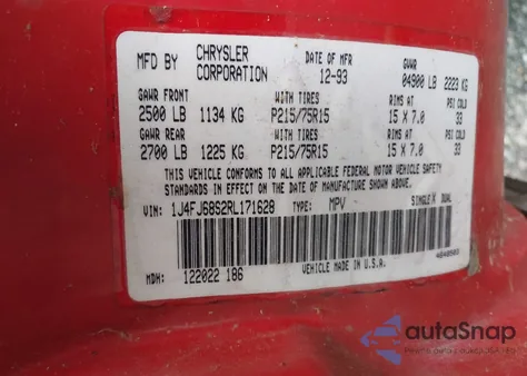 1994 Jeep Cherokee Sport из США, поврежденный, VIN 1J4FJ68S2RL171628